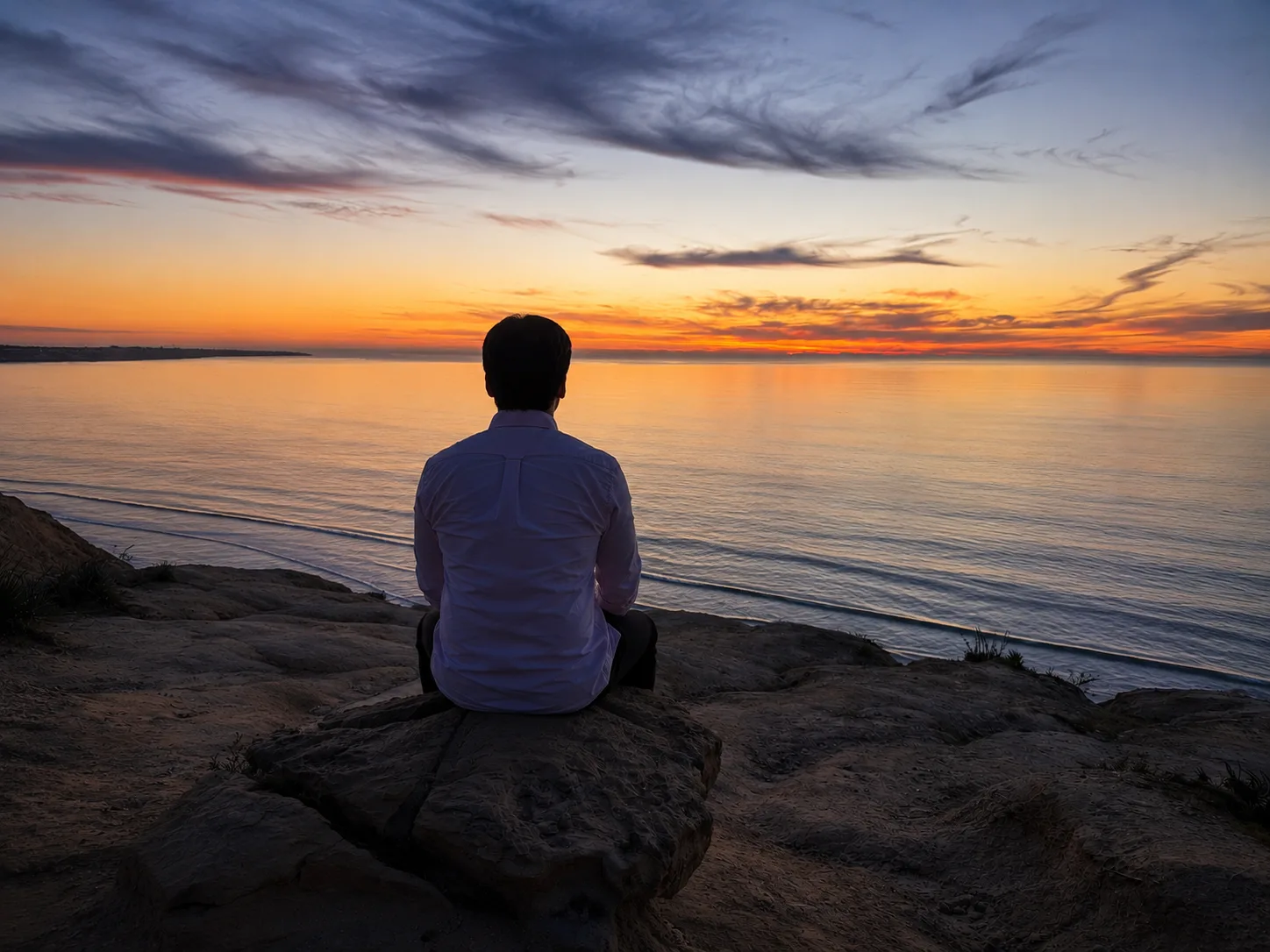 A solitary figure sitting on a coastal cliff at sunset, looking toward the sea in quiet reflection.